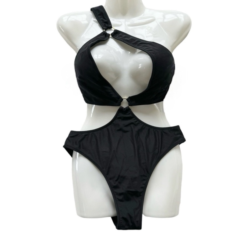 One Shoulder Black Cutout Swimsuit